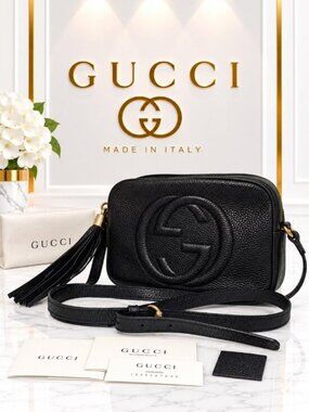 Authentic Gucci Soho Disco Black Leather Crossbody Bag Tassel GG Logo Luxury